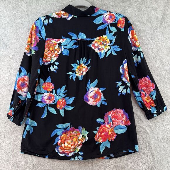 Maeve Top Women 4 Black Red Floral V-Neck Collared 3/4 Sleeves Button Up Casual - Picture 6 of 13